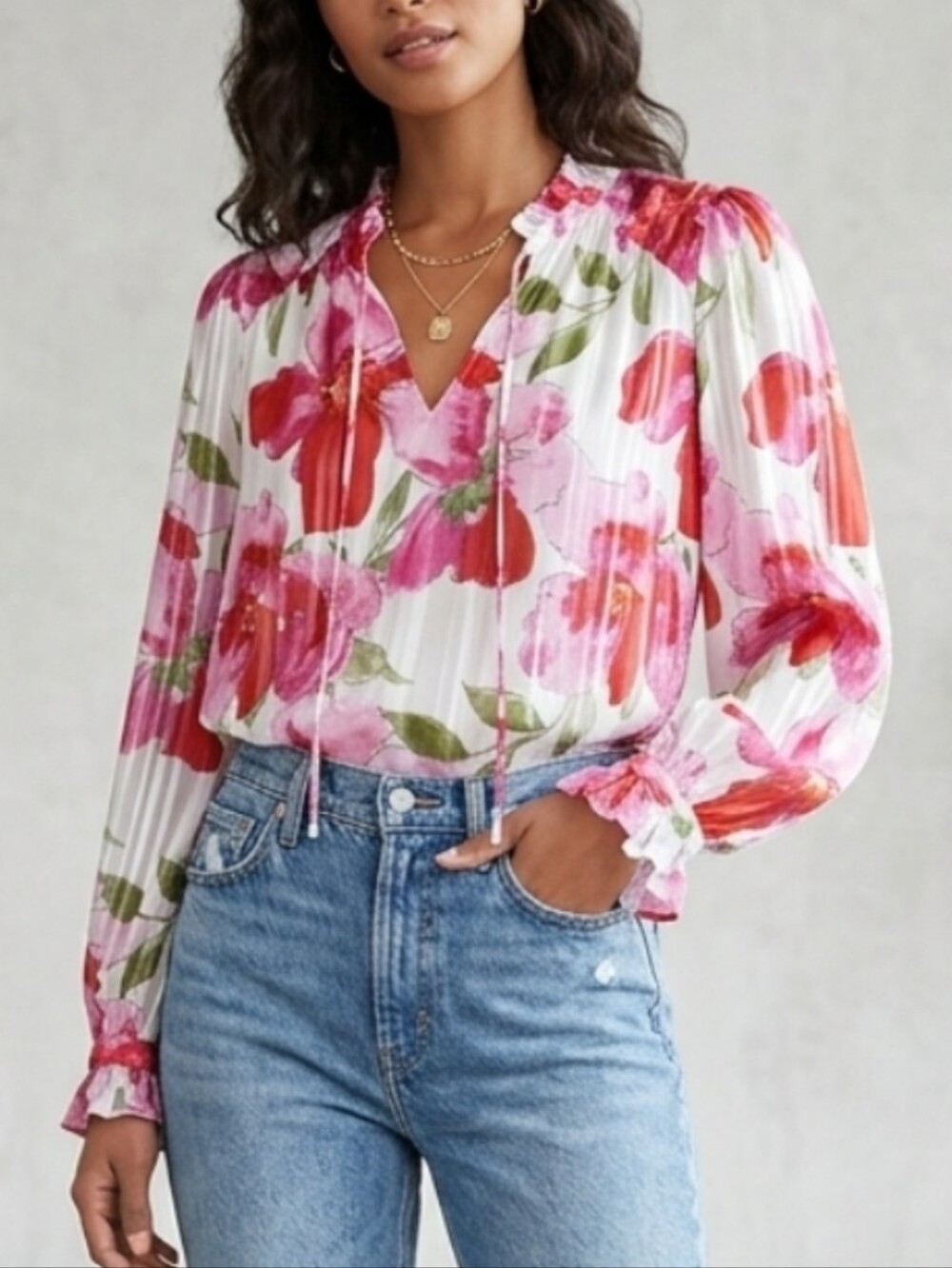 Joie White Blouse with Pink & Red Floral Print Sz M